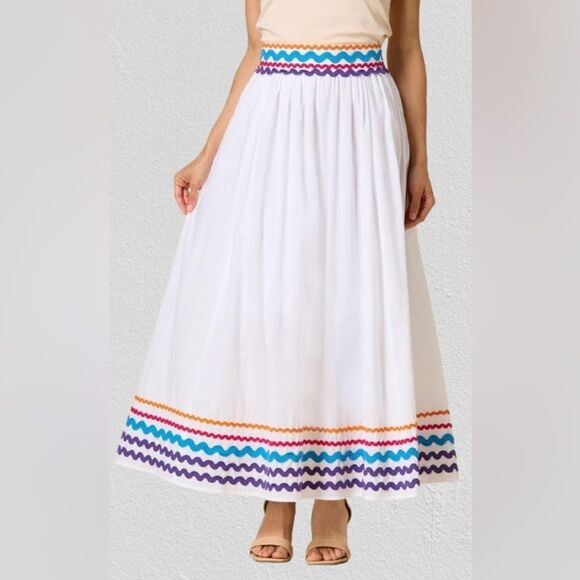 Anthropologie Moon Orchids White A-Line Skirt with Colorful Trim - Picture 1 of 6